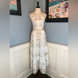 Lace the Label White Metallic Gold Geometric Halter Maxi Dress Size L
